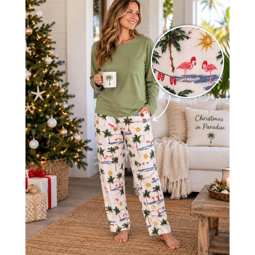 Burt's Bees Pajama Set Women XXL Green Christmas in Paradise Flamingo Tropical